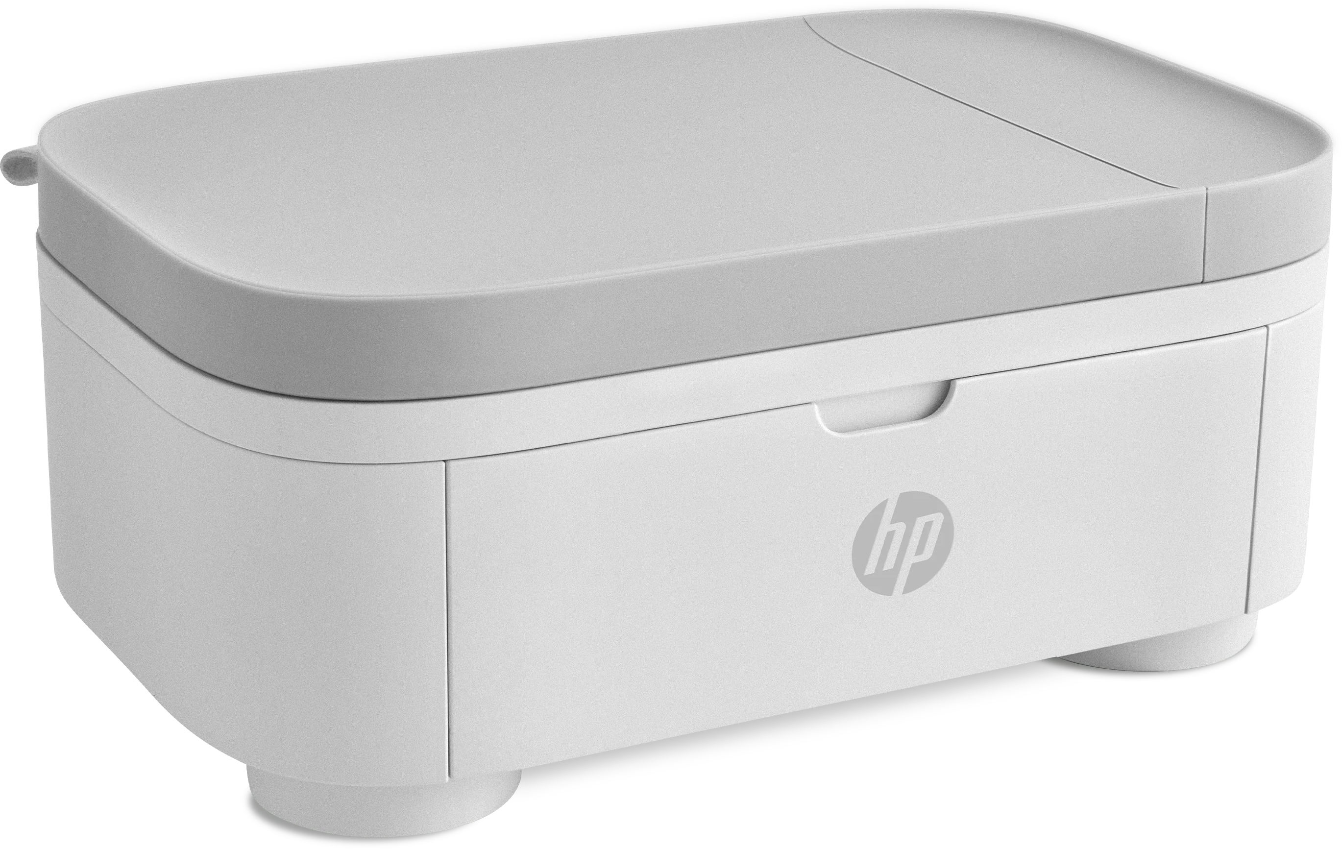 Fehér és szürke HP nyomtató. A teteje szürke, a teste fehér, az HP logóval.