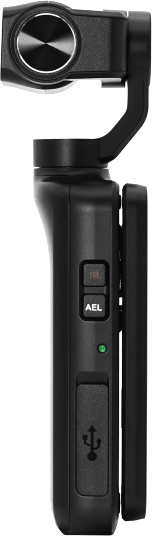 Ein schwarzer handgehaltener Kamerastabilisator mit Knöpfen, einer Kontrollleuchte und einem USB-Anschluss.