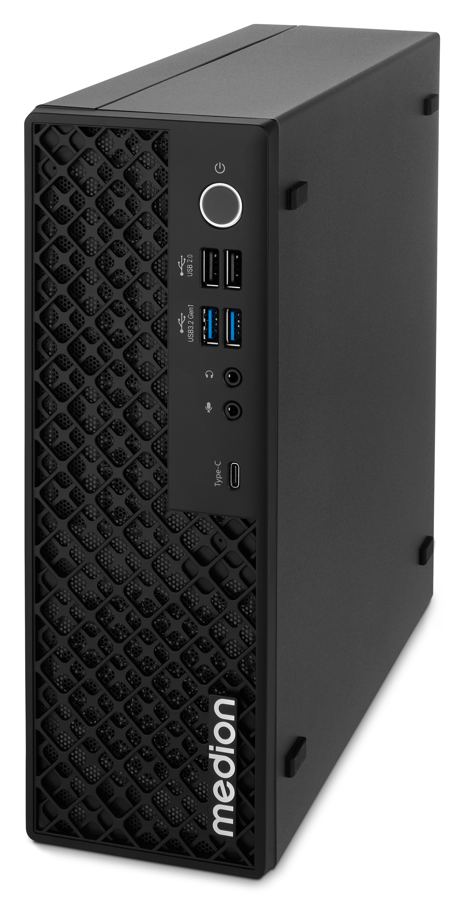 Schwarzer Medion-Desktop-Computer. Die Frontplatte hat einen Power-Knopf, USB-Anschlüsse und Audiobuchsen. Mesh-Design vorn.