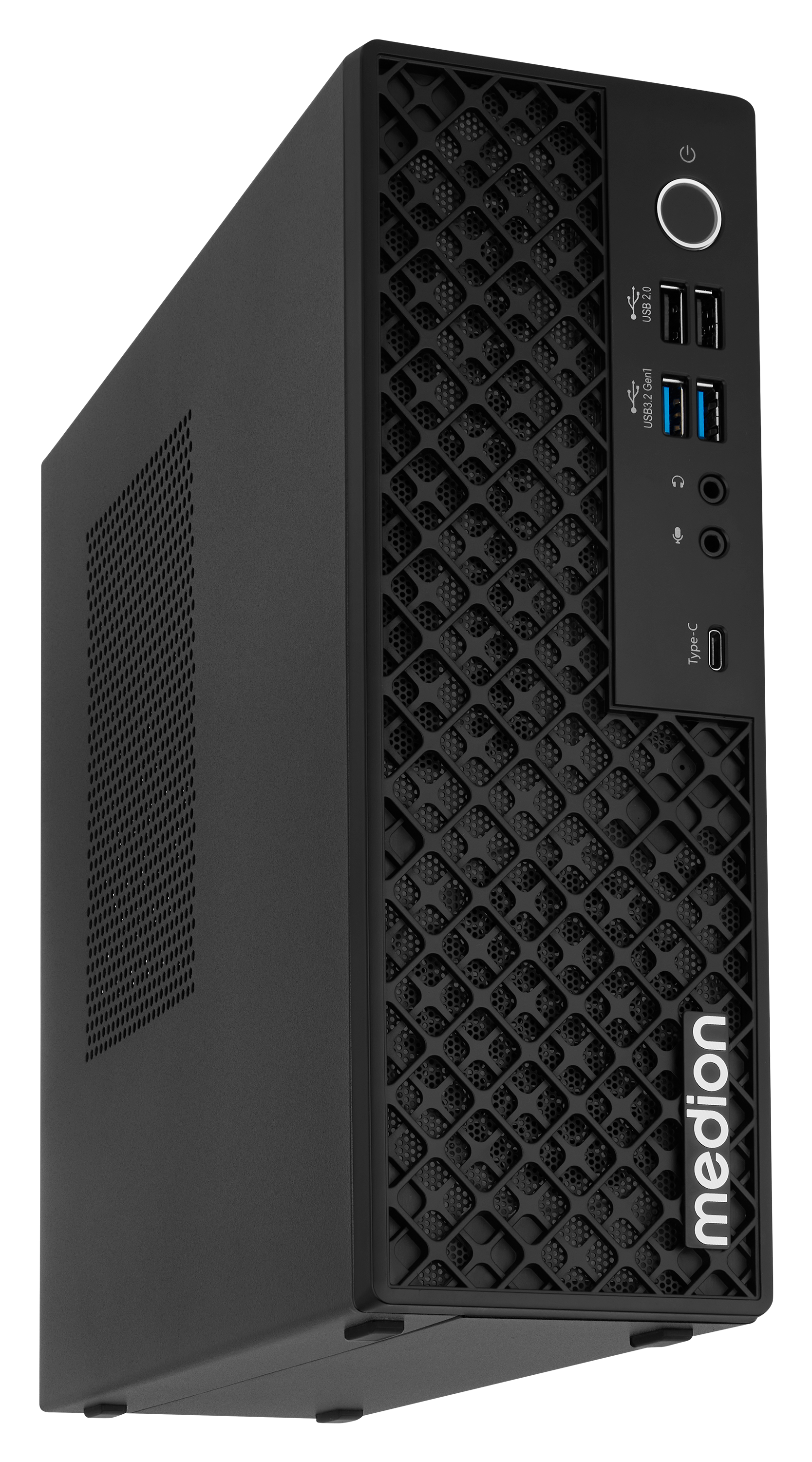 Schwarzer Medion-Desktop-Computer. Die Vorderseite hat ein Mesh-Design, USB-Anschlüsse und einen Netzschalter. Das Medion-Logo ist sichtbar.