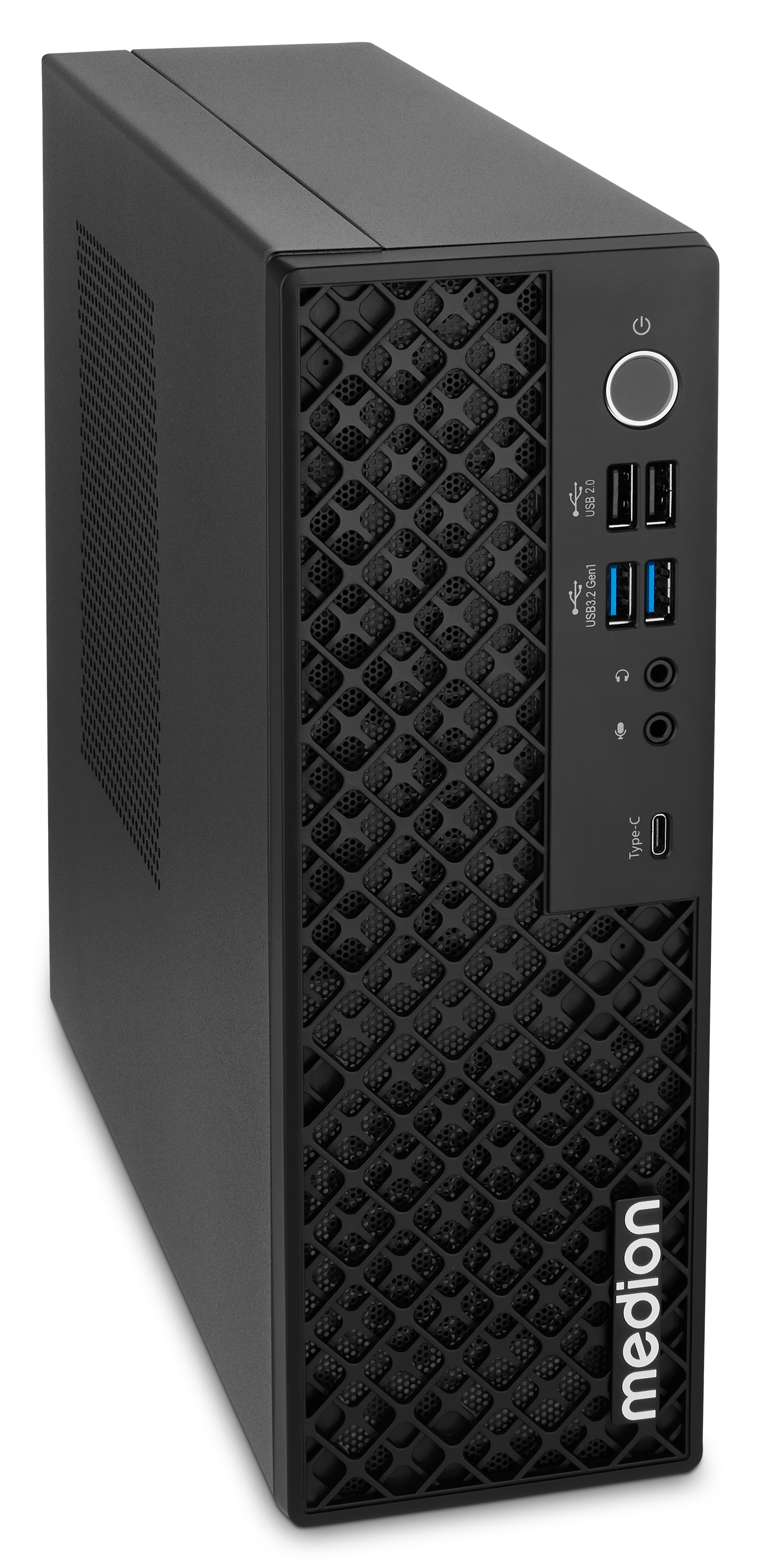 Een zwarte Medion pc-behuizing. Het heeft een patroon op het voorpaneel, een aan/uit-knop, USB-poorten en audio-aansluitingen. Het Medion-logo is zichtbaar.