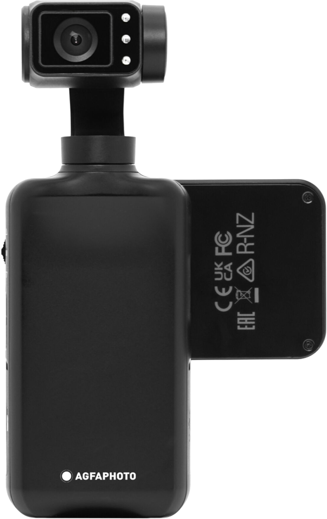 Schwarze Handheld-Kamera mit Objektiv, drei Lichtern und einem Bildschirm. Unten befindet sich das AgfaPhoto-Logo.
