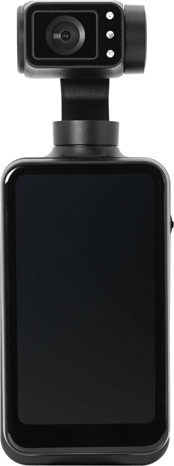 Schwarze Handkamera mit Bildschirm. Sie hat ein Objektiv, drei Lichter und ein schwarzes Display. Das Gerät ist auf weißem Hintergrund.