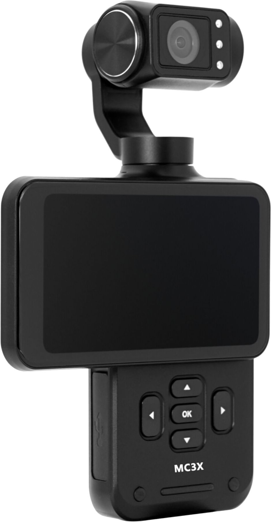 Ein schwarzes Dashcam-Gerät mit Bildschirm, Knöpfen und einer rotierenden Kamera oben. Es hat ein minimalistisches Design.