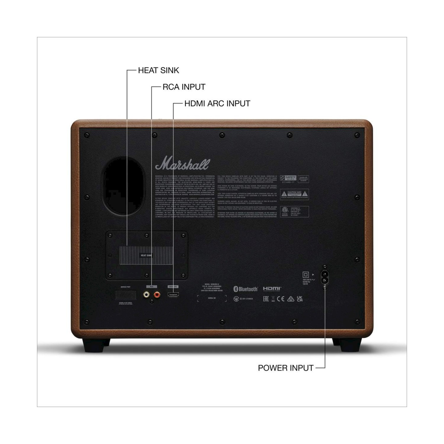 Retro di un altoparlante Marshall. Mostra ingressi come RCA, HDMI e alimentazione. Presenta il logo Marshall, etichette di sicurezza e un dissipatore di calore.
