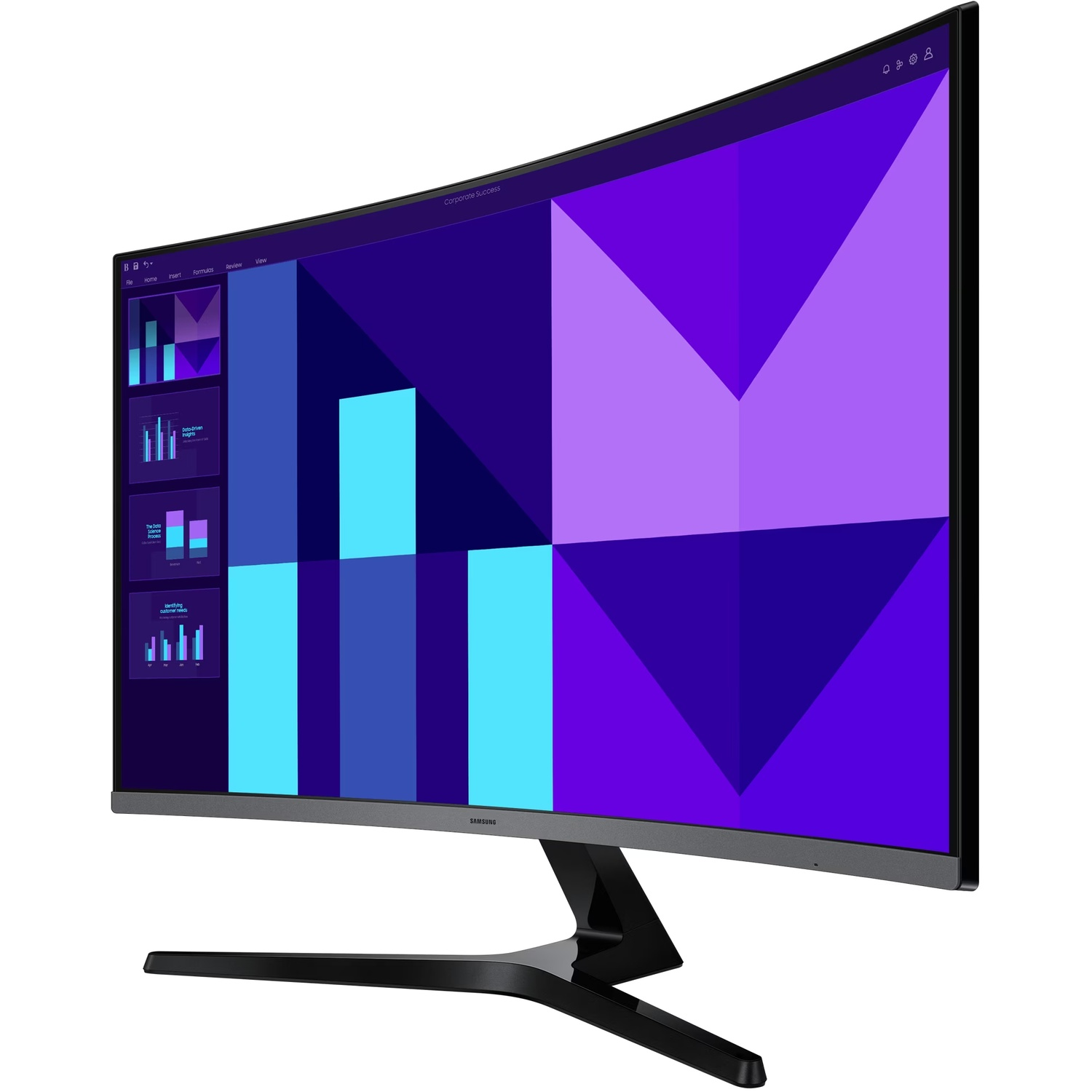 L'écran incurvé Samsung affiche une visualisation de données avec des formes géométriques bleues et violettes, montrant des graphiques et des diagrammes. L'écran a un pied noir.