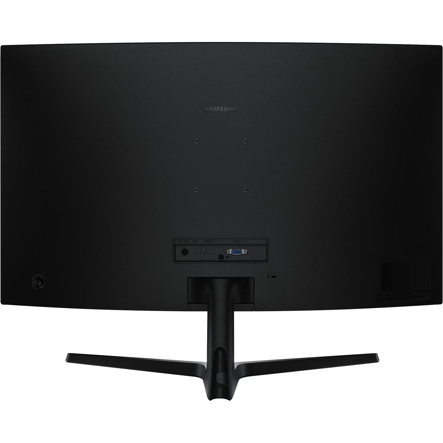 Arrière d'un moniteur Samsung noir. Ports: DC, HDMI et PC. Le support est noir et le moniteur a un design incurvé.