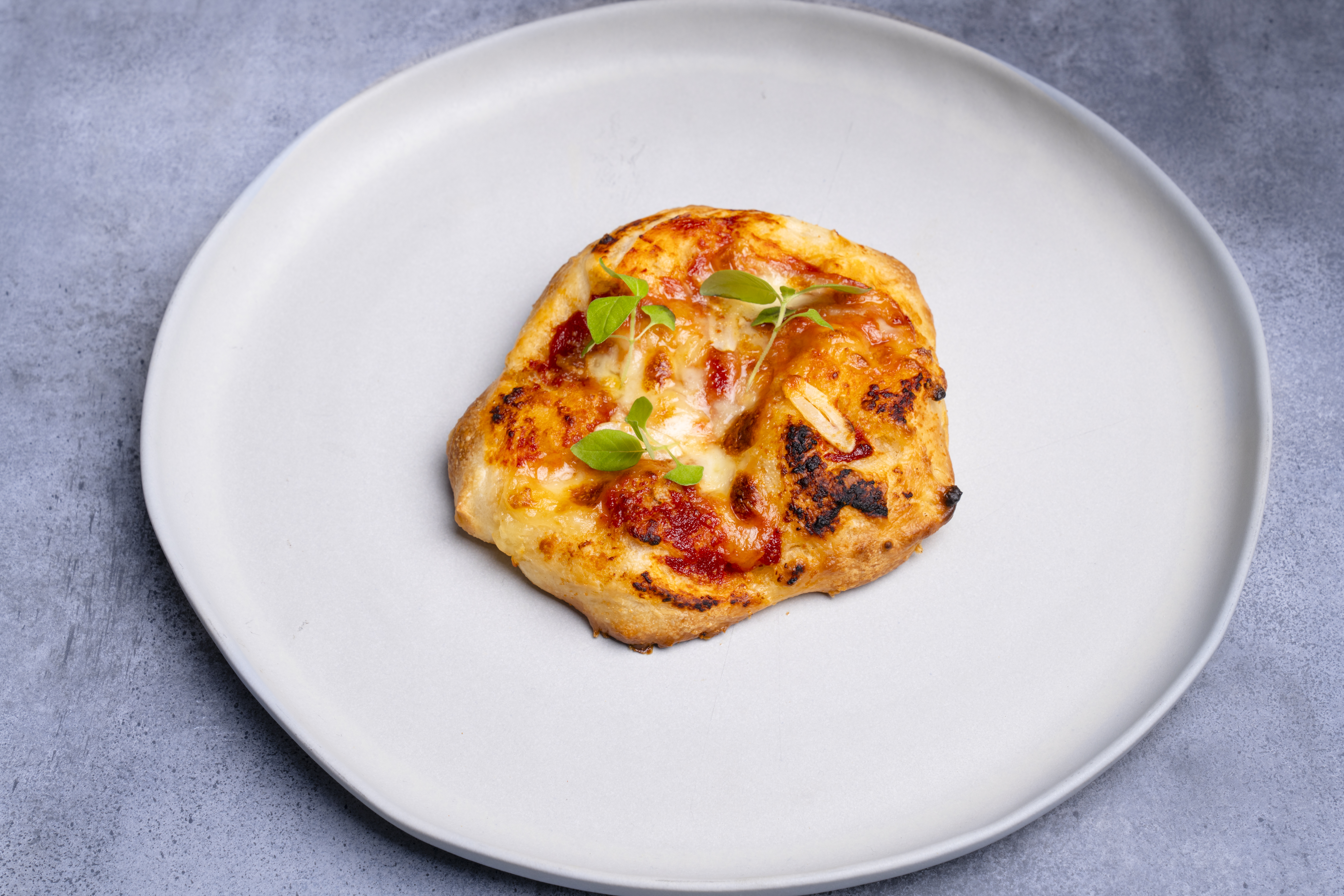 Eine kleine Pizza auf einem weißen Teller. Die Pizza hat Käse und Soße, mit Basilikumblättern belegt. Der Teller steht auf grauer Oberfläche.