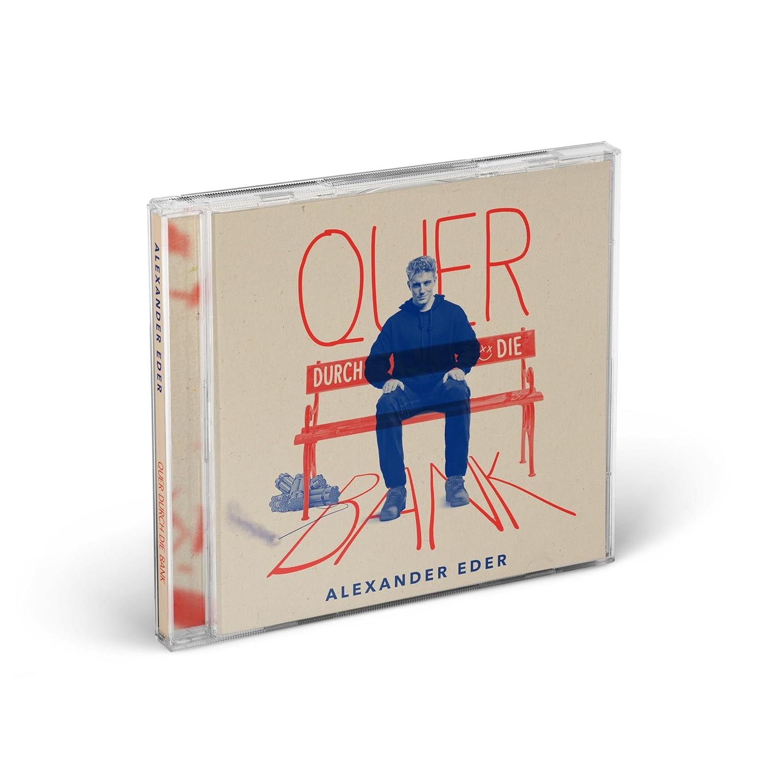 CD-Cover mit einem Mann, der auf einer roten Bank sitzt. Der Text 'Quer durch die Bank' ist sichtbar, zusammen mit 'Alexander Eder'.
