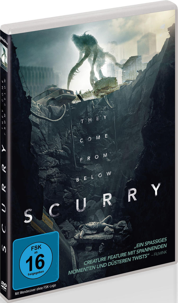 DVD-Cover für "Scurry". Ein Monster taucht aus einer Kluft auf, mit einem Auto und Gebäuden im Hintergrund. Text: They Come From Below.