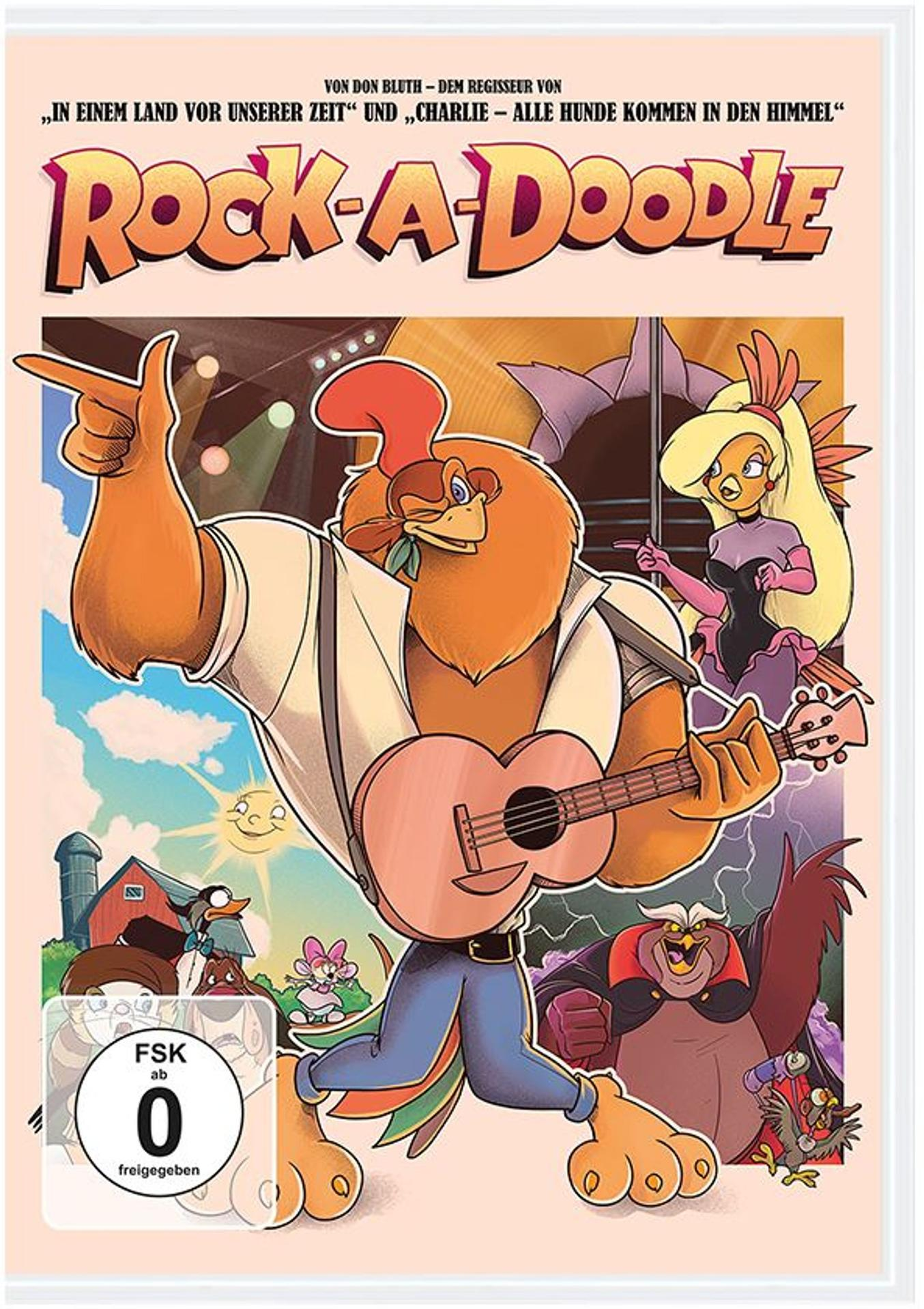 Ein Cartoon-Poster für Rock-a-Doodle. Es zeigt einen Hahn, der Gitarre spielt, ein weibliches Huhn und verschiedene andere Charaktere.