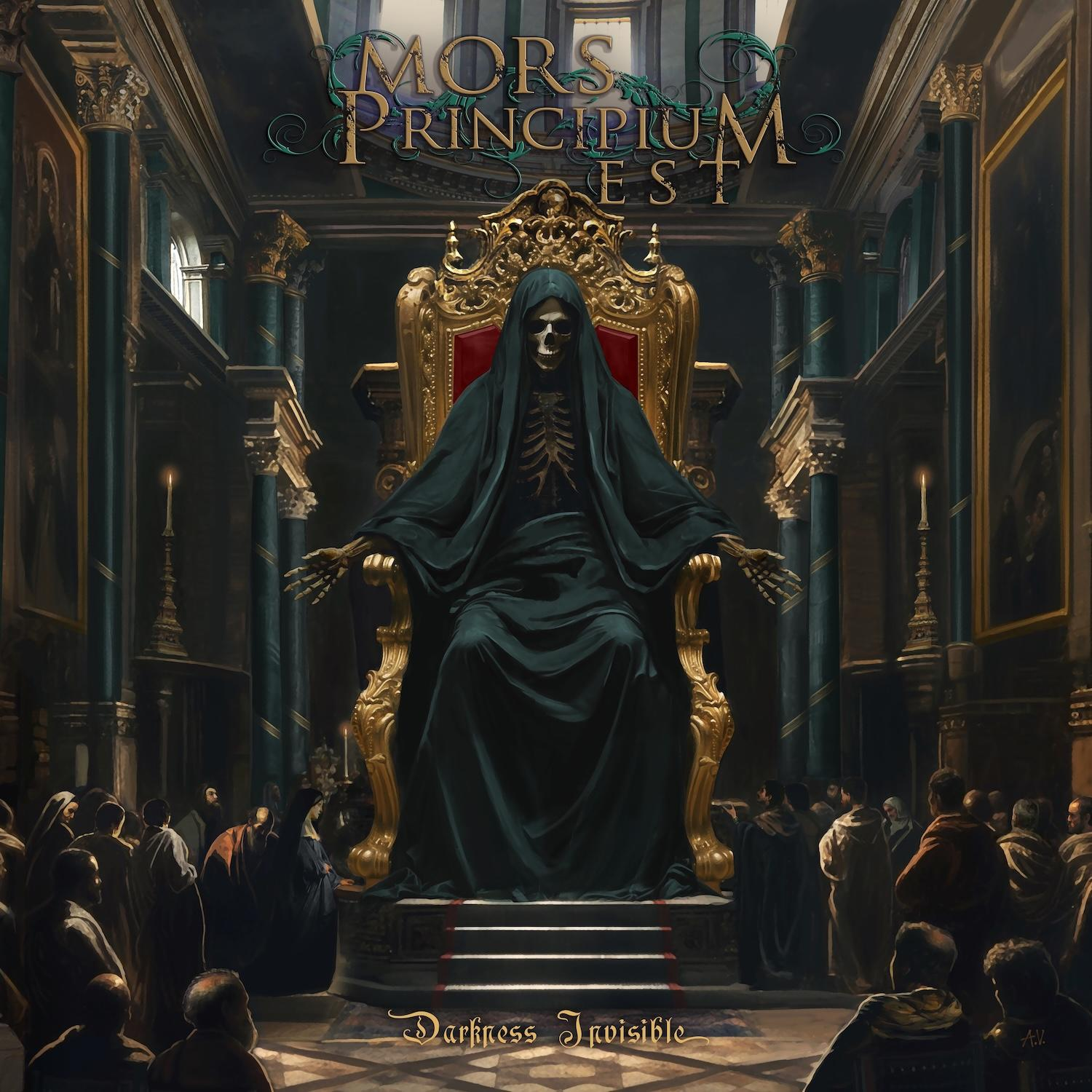 Eine skelettartige Figur in schwarzen Roben sitzt auf einem goldenen Thron, umgeben von Menschen in einem großen Saal. Titel: Darkness Invisible.