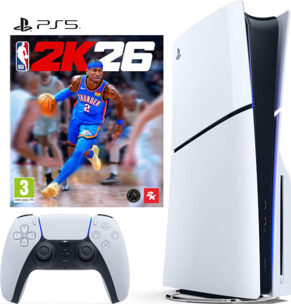 Eine PS5-Konsole, ein Controller und eine Spielbox für NBA 2K26. Auf dem Spielcover ist ein Basketballspieler in Aktion zu sehen.