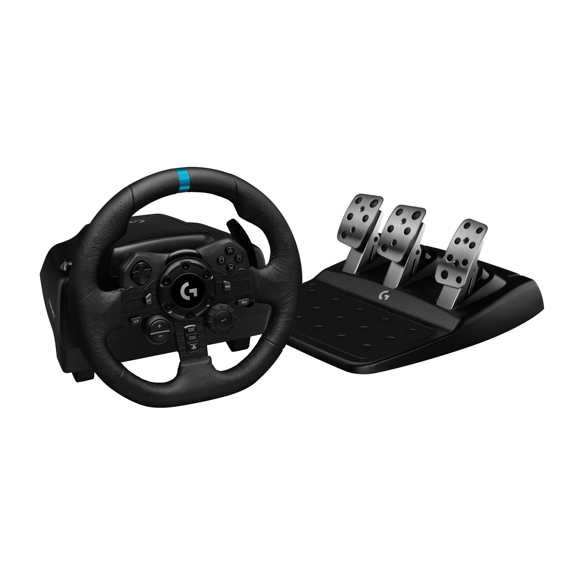 Ein schwarzes Logitech-Rennlenkrad und Pedal-Set. Das Lenkrad hat blaue Akzente. Pedale haben eine silberne Oberfläche.