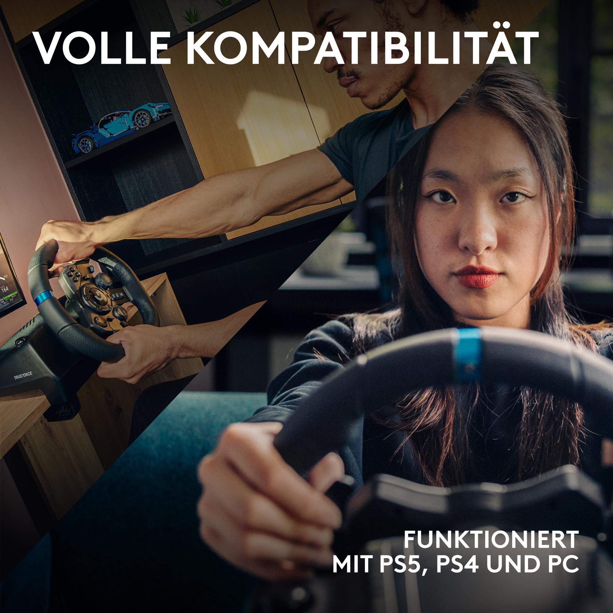 Das Bild zeigt zwei Personen, die ein Lenkrad halten. Der Text lautet 'FUNKTIONIERT MIT PS5, PS4 UND PC'.