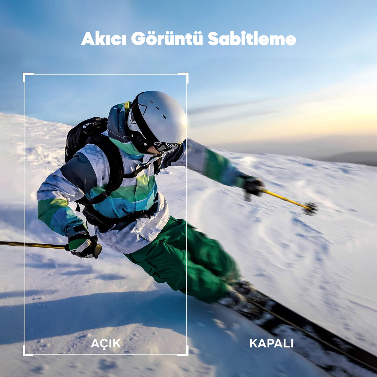 Bir kayakçı karlı bir yamaçtan aşağı iniyor. Görüntü, stabilize ve stabilize edilmemiş görünümlerin bir karşılaştırmasını gösteriyor.