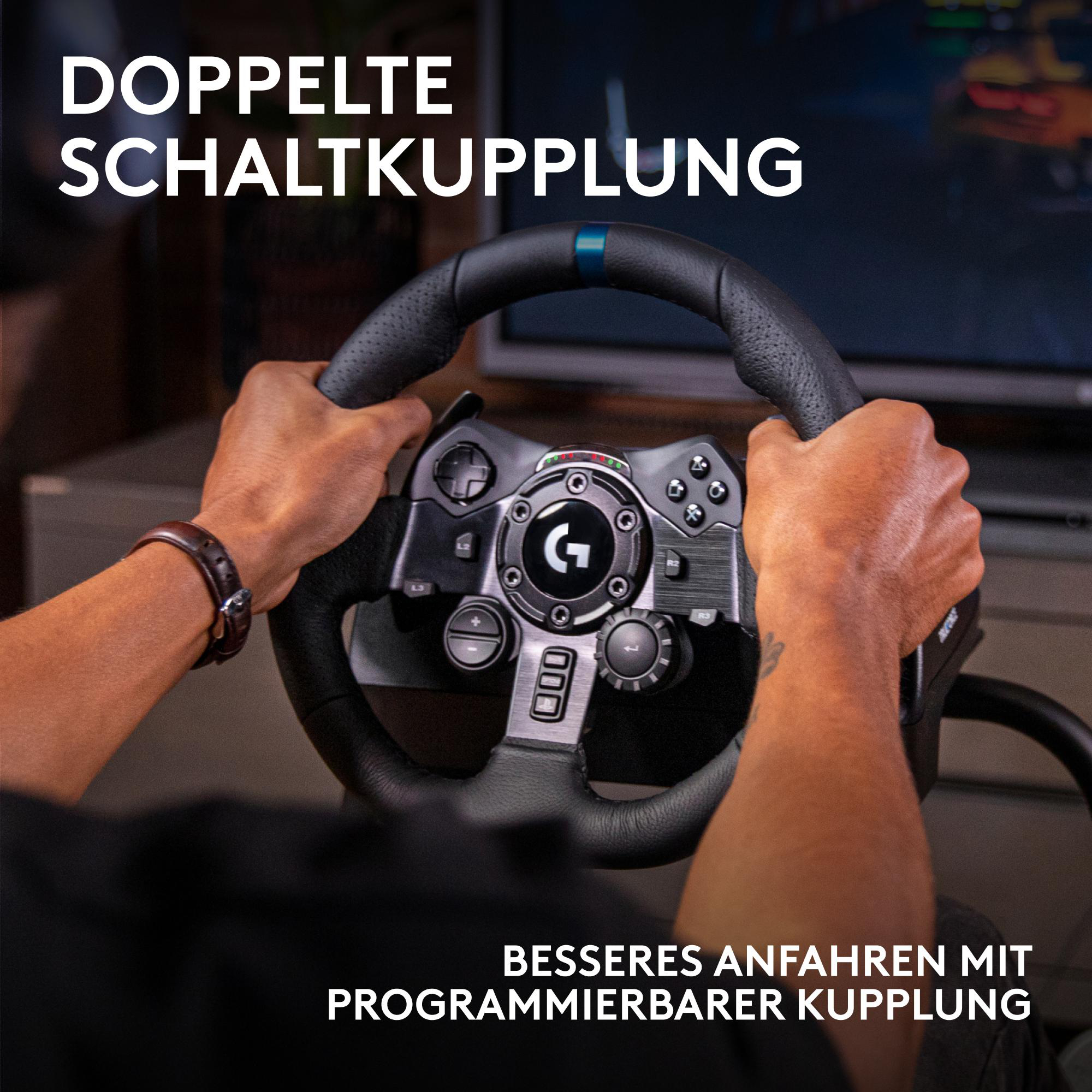 Hände halten ein Rennlenkrad. Oben steht 'Doppelkupplung'. Unten steht: 'Besser starten mit programmierbarer Kupplung'.