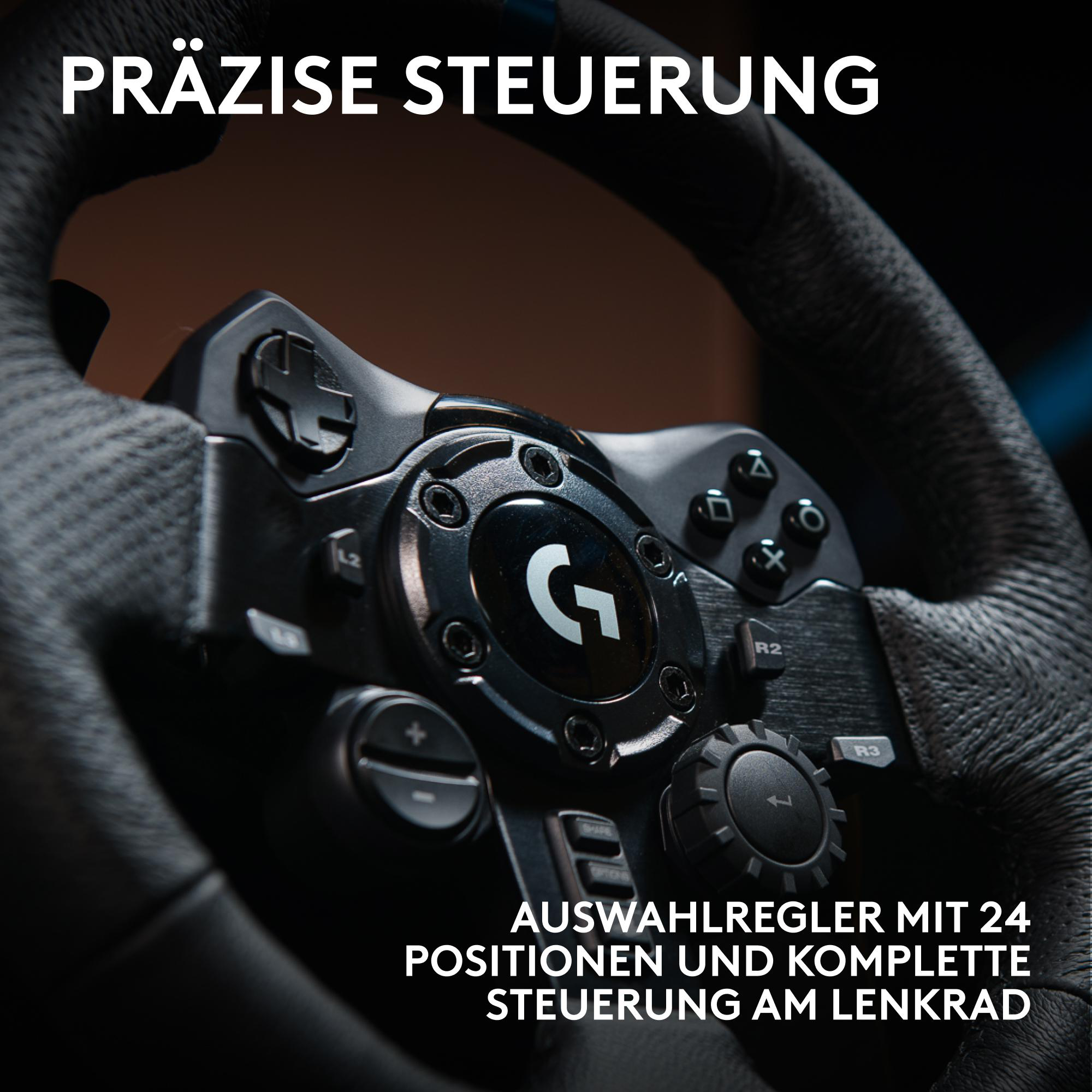 Nahaufnahme eines schwarzen Lenkrads mit Knöpfen und Zifferblättern. Text: 'Präzise Steuerung' und '24-Positionen-Wählrad'.