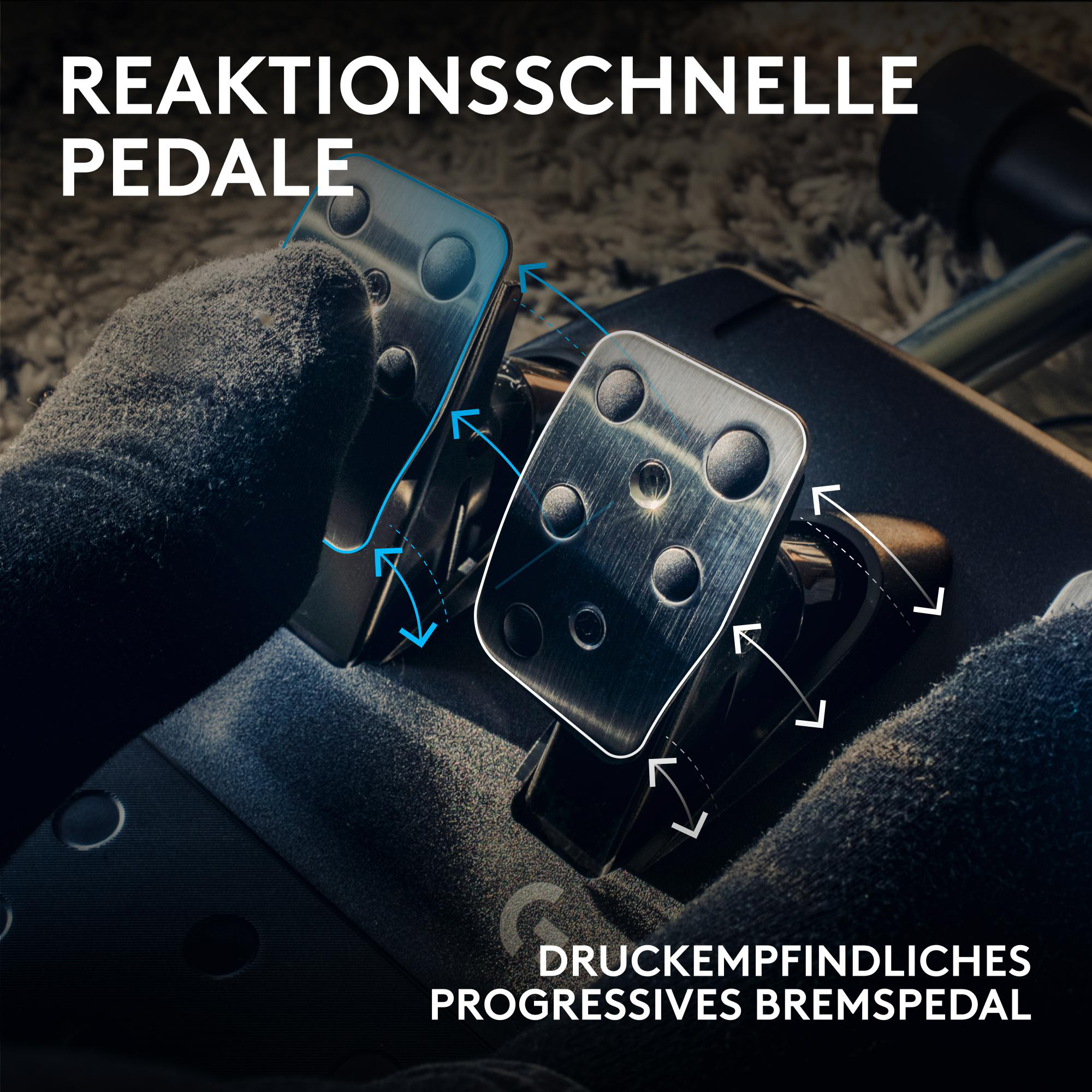 Nahaufnahme von Rennpedalen. Der Text lautet 'REAKTIONSSCHNELLE PEDALE' und 'DRUCKENPFINDLICHES PROGRESSIVES BREMSPEDAL'.