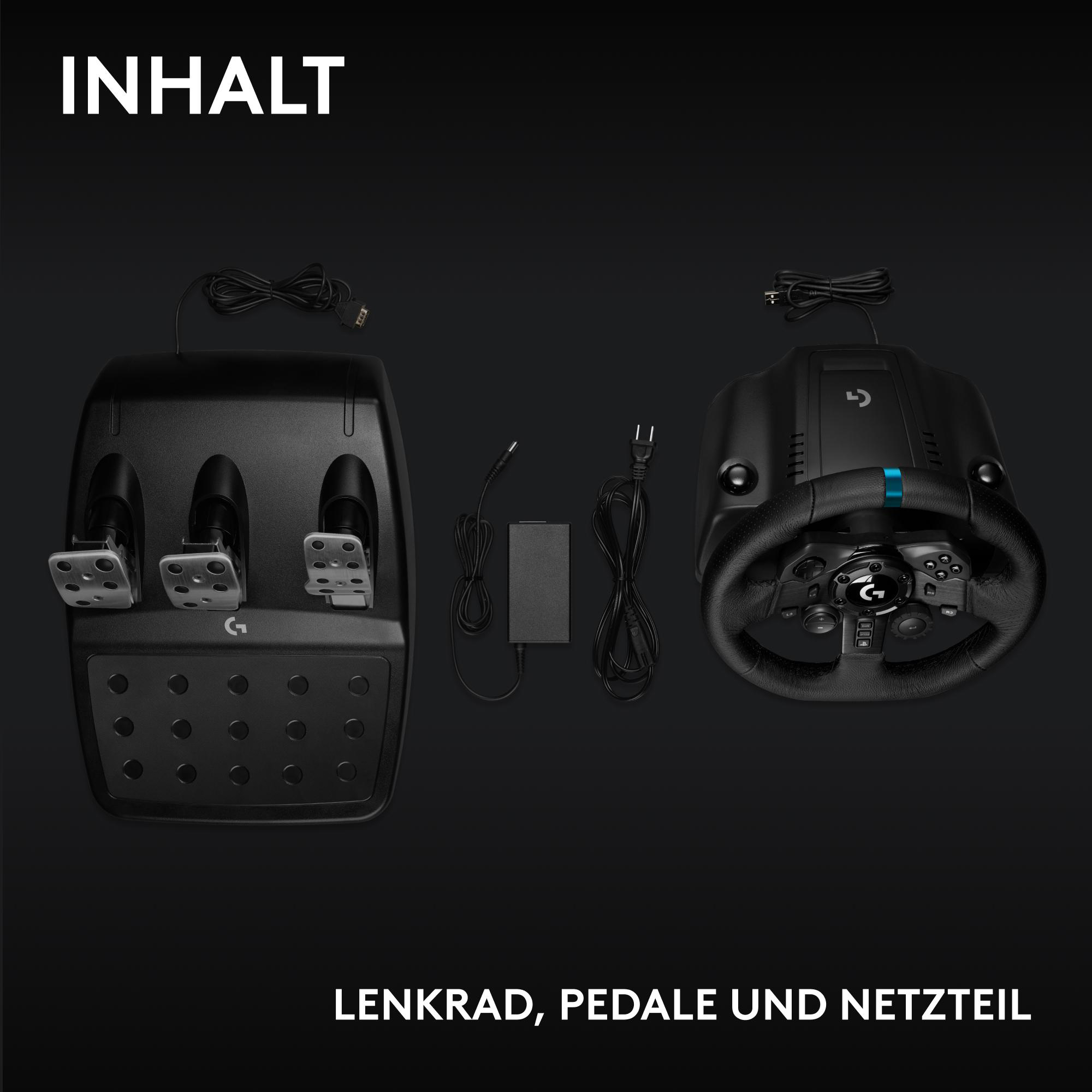 Das Bild zeigt ein Lenkrad, Pedale und ein Netzteil. Alles schwarz, auf schwarzem Hintergrund angeordnet. Oben steht 'INHALT'.