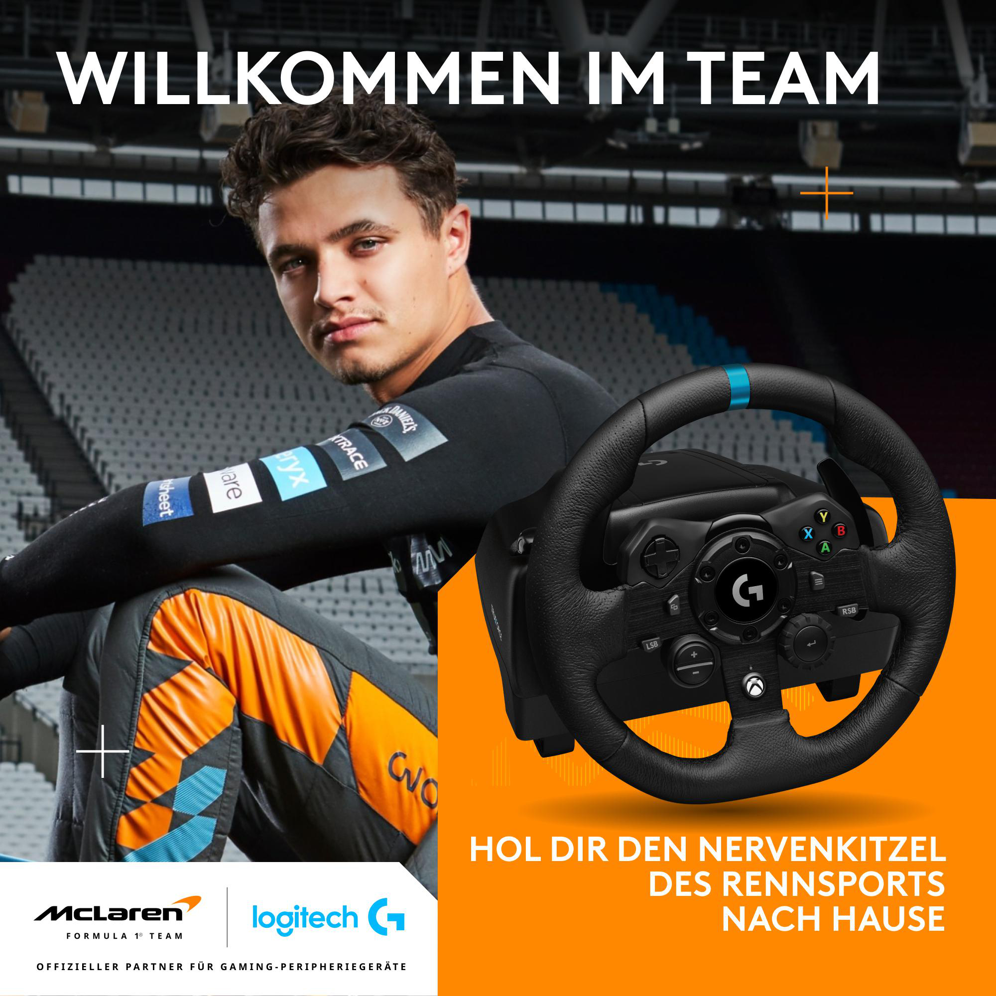 Mann im McLaren-Rennanzug mit Lenkrad. Text: 'Willkommen im Team' und Werbung für Logitech.