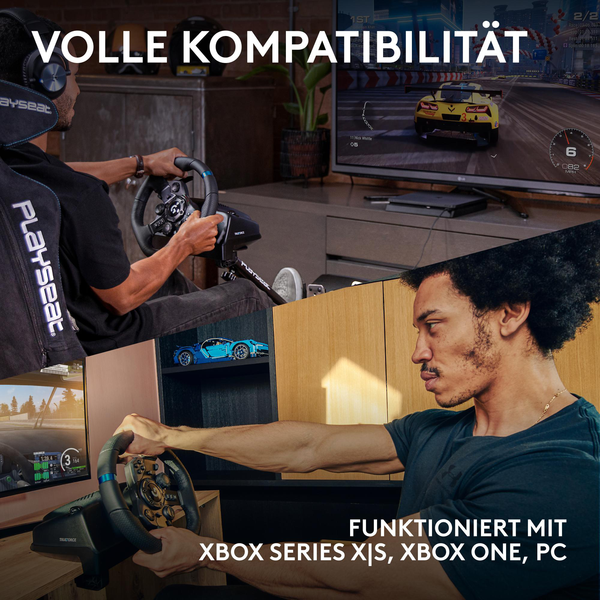 Zwei Männer benutzen Rennräder mit Bildschirmen, die Rennspiele anzeigen. Text besagt, dass es mit Xbox kompatibel ist.