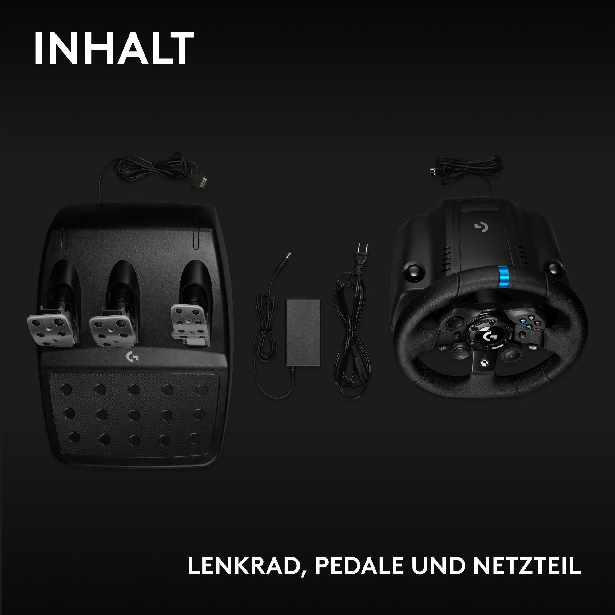 Gaming-Lenkrad, Pedale und Netzteil auf schwarzem Hintergrund. Produktkomponenten werden in einem Studio gezeigt.