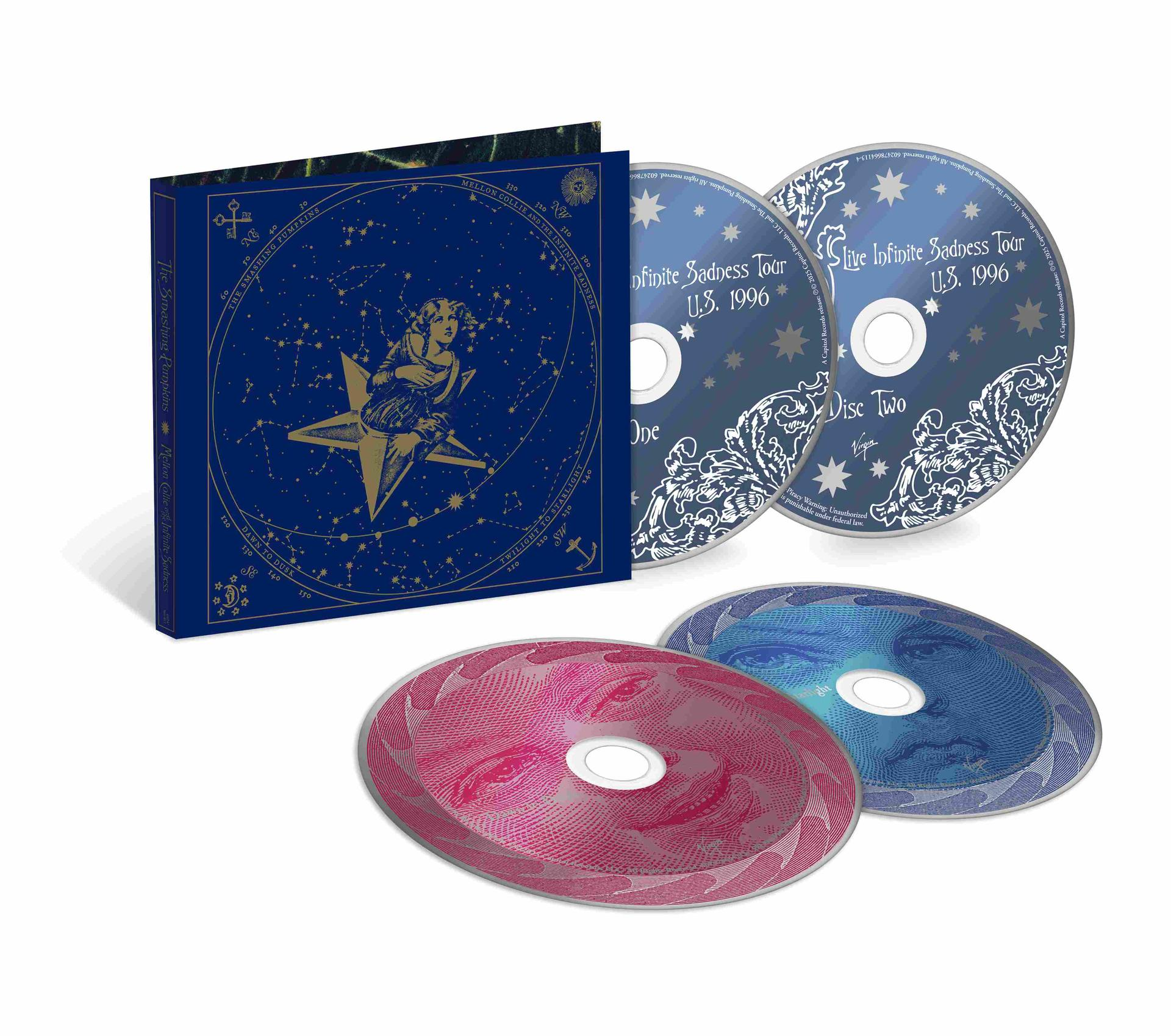 Albumcover mit Himmelskarte, CDs mit Tour-Infos und Gesichtern sowie eine rosa CD mit einem Gesicht sind sichtbar.