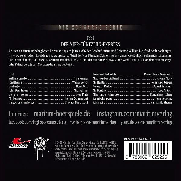 Ein Buchcover mit Text und einer Besetzungsliste. Enthält Website- und Social-Media-Informationen.