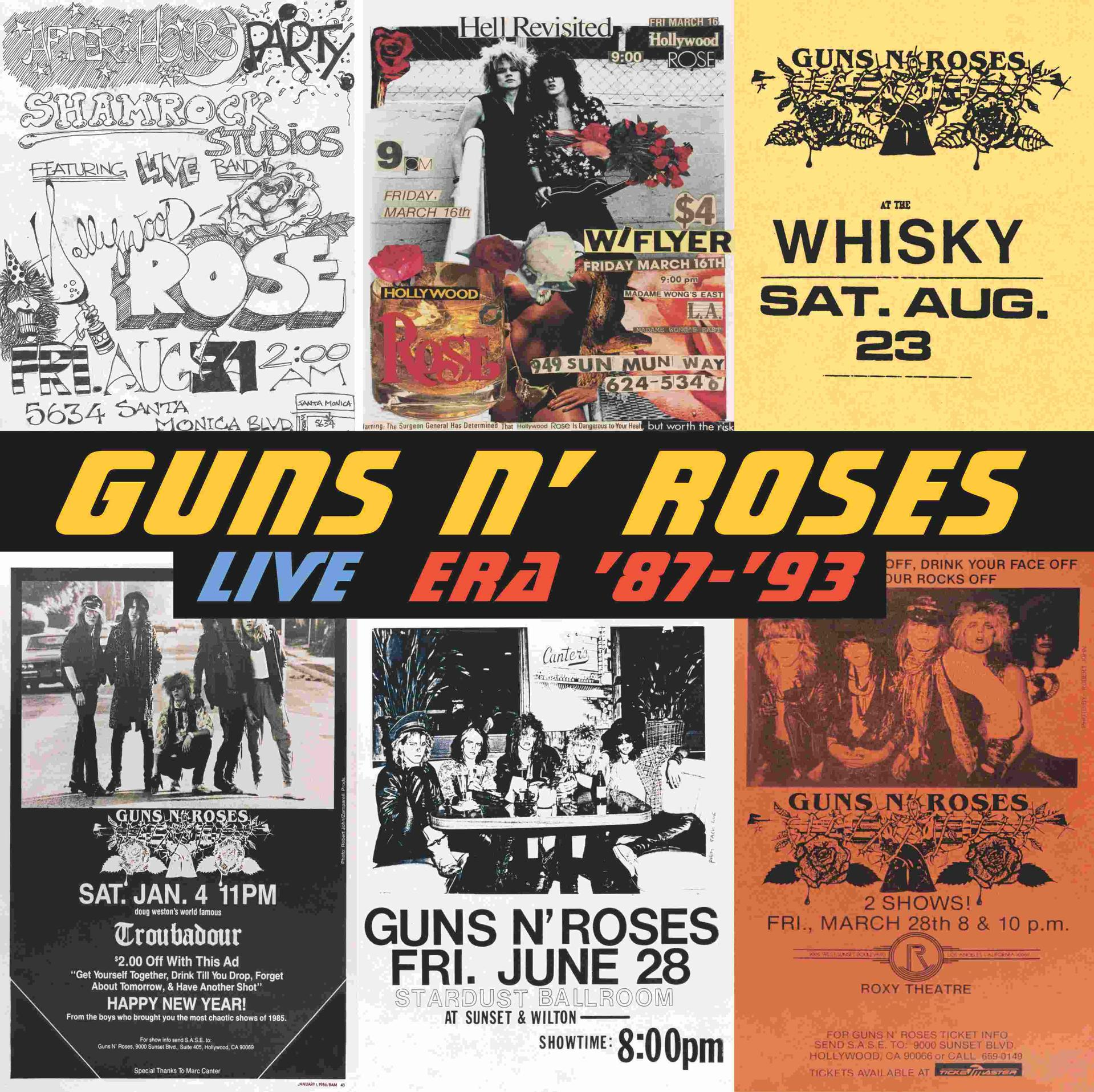 Plakat-Collage mit Guns N' Roses, Veranstaltungsdaten, Bandfotos und Veranstaltungsorten wie Whisky, Troubadour und Roxy Theatre. Details.