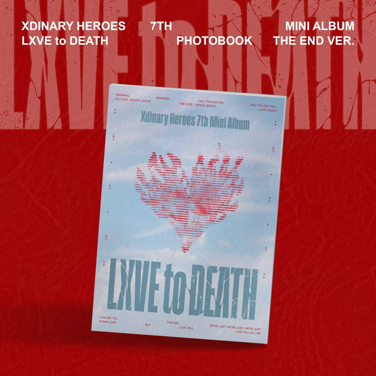 Albumcover für Xdinary Heroes' LXVE to DEATH. Roter Hintergrund, Albumtitel und Titellisten. Ein blaues Cover mit einer Herzgrafik.