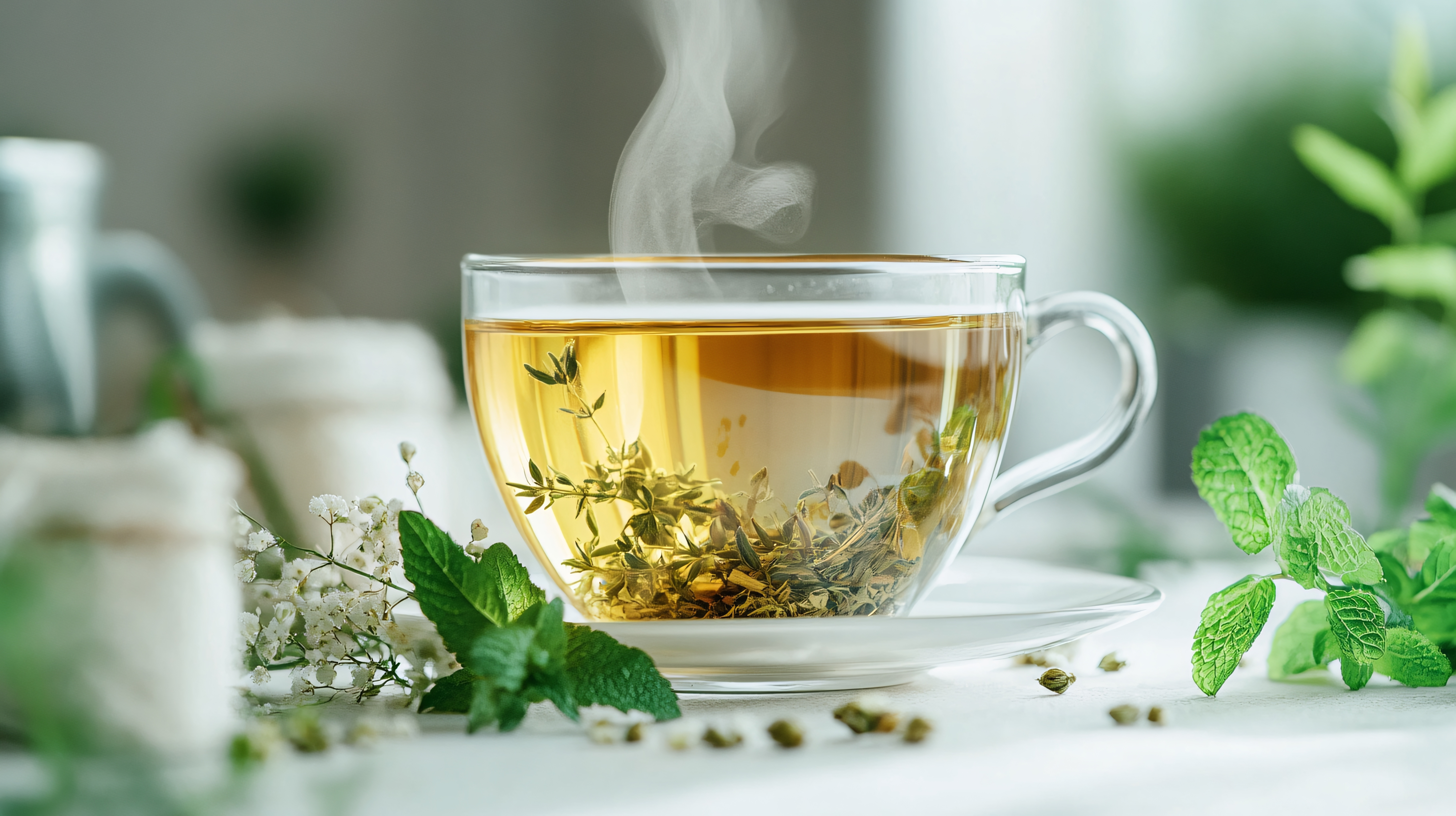Eine klare Glastasse mit Tee und Kräutern auf einer Untertasse. Dampf steigt auf. Minze und Blumen liegen auf dem Tisch.