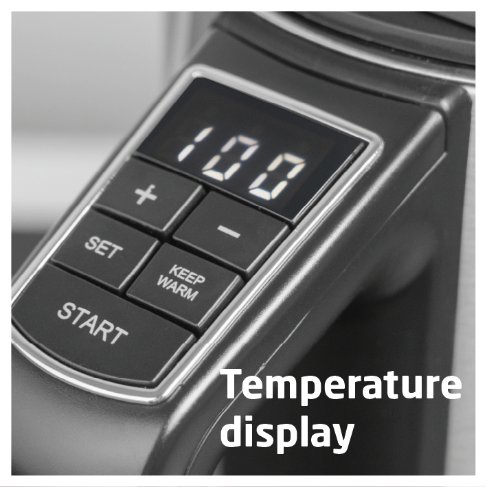 Nahaufnahme einer Temperaturanzeige mit '100'. Es gibt Tasten für '+', '-', 'SET', 'KEEP WARM' und 'START'.