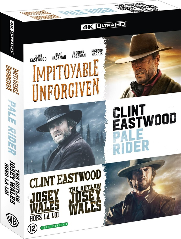 Een filmboxset met Clint Eastwood in 'Unforgiven', 'Pale Rider' en 'The Outlaw Josey Wales'. De doos is wit met titels.