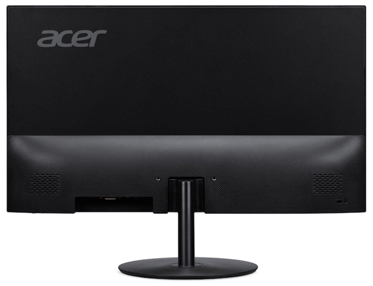 Parte trasera de un monitor Acer negro. El logotipo de Acer es visible. Tiene un soporte. La sección inferior tiene ventilaciones y puertos de entrada.