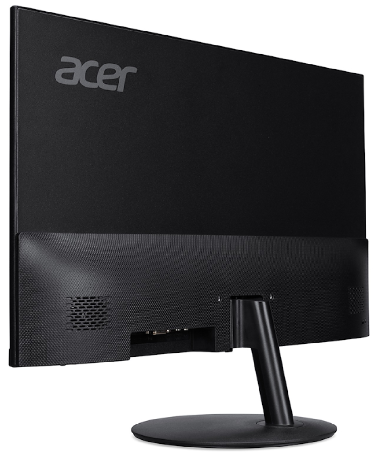Vista trasera de monitor Acer negro. El monitor tiene un soporte y el logotipo de Acer. Se ven puertos y ventilaciones en la parte trasera.