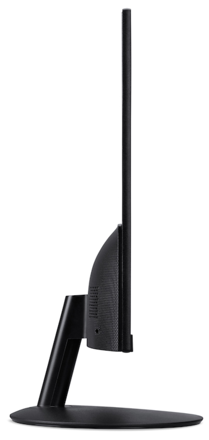 Un monitor de computadora negro de lado. Tiene un soporte alto y una base ancha. La pantalla es delgada.