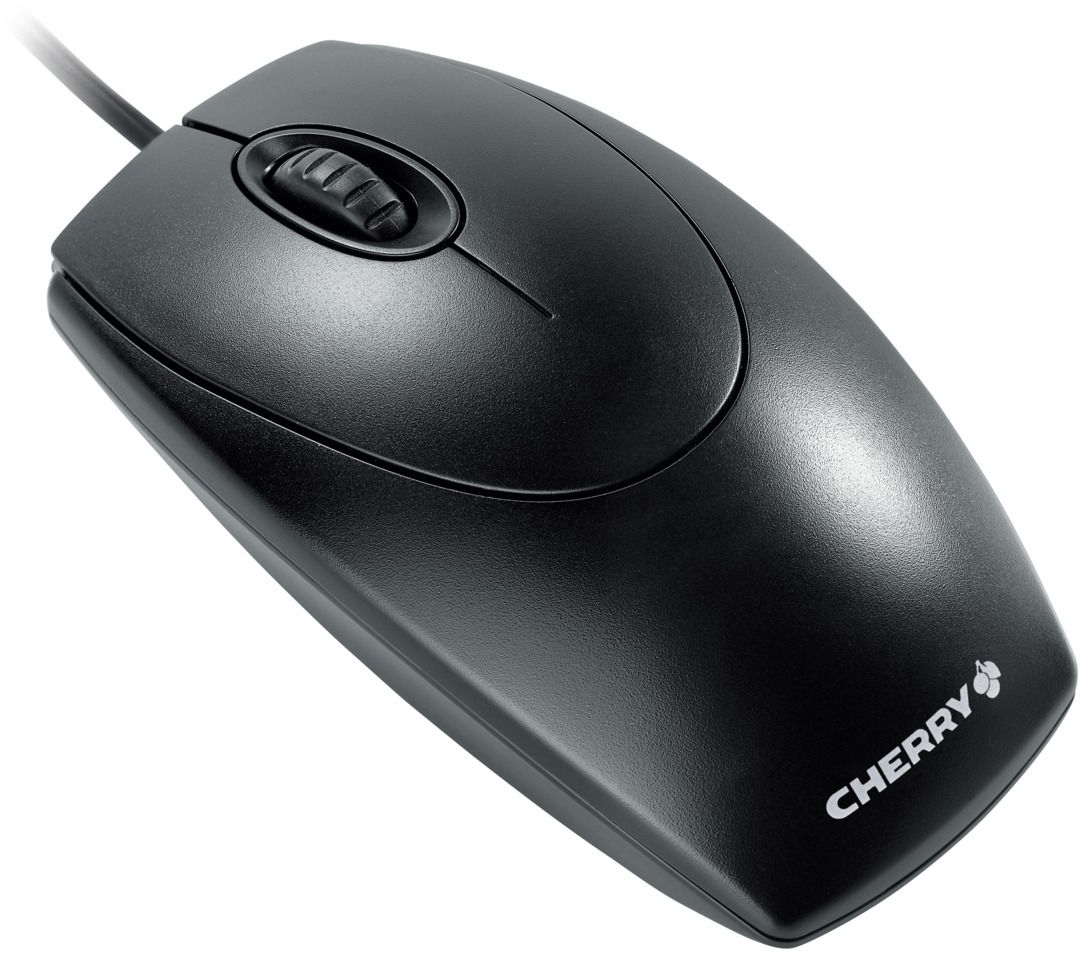 Une souris d'ordinateur noire avec une molette et un cordon. La marque 'CHERRY' est visible.