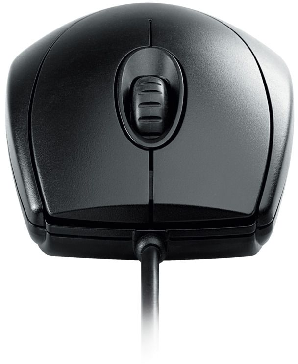 Une souris d'ordinateur noire avec une molette de défilement et un cordon. La souris est sur fond blanc.