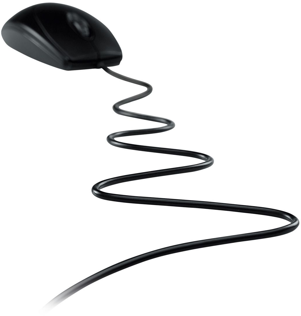 Une souris d'ordinateur noire avec un long câble noir sinueux sur fond blanc. La souris est inclinée vers le haut à gauche.