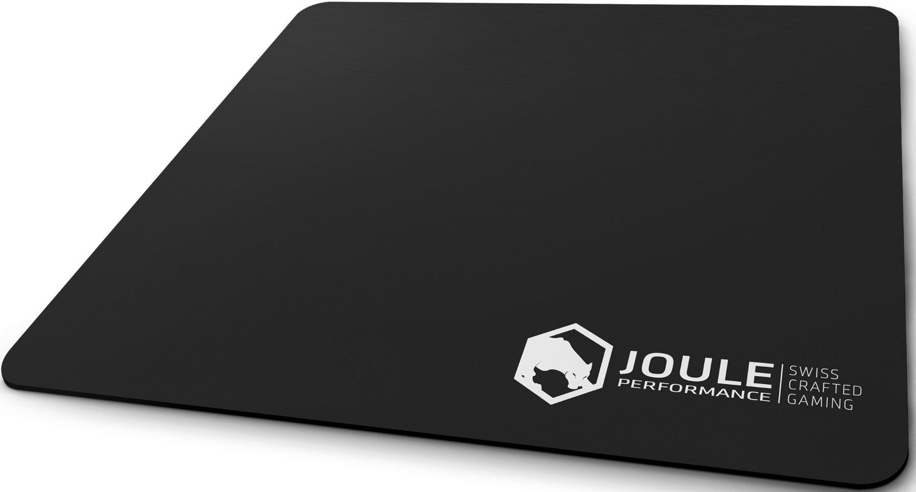 Tapis de souris de jeu noir avec logo et texte blancs 'JOULE PERFORMANCE SWISS CRAFTED GAMING'.