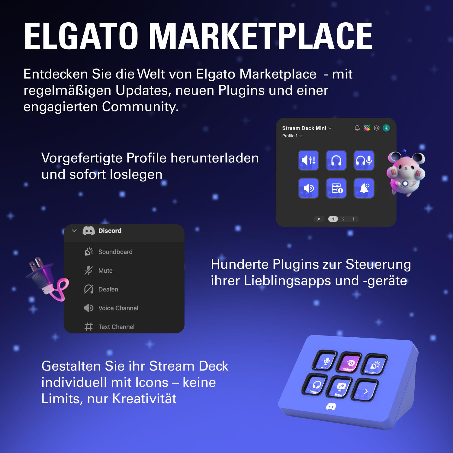Elgato Marketplace-Anzeige. Zeigt Stream Deck Mini, Discord und andere App-Steuerungsfunktionen. Der Hintergrund ist ein sternenreiches Blau.