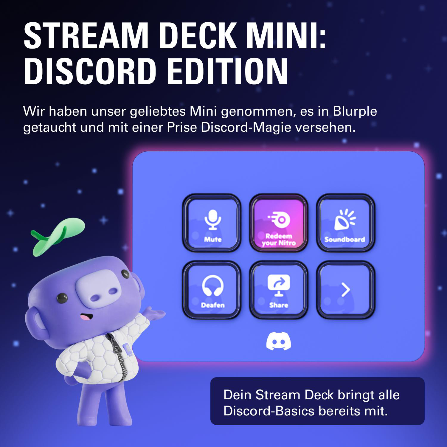 Das Bild zeigt ein Stream Deck Mini Discord Edition. Eine lila Figur zeigt auf ein Bedienfeld mit Discord-Funktionen.