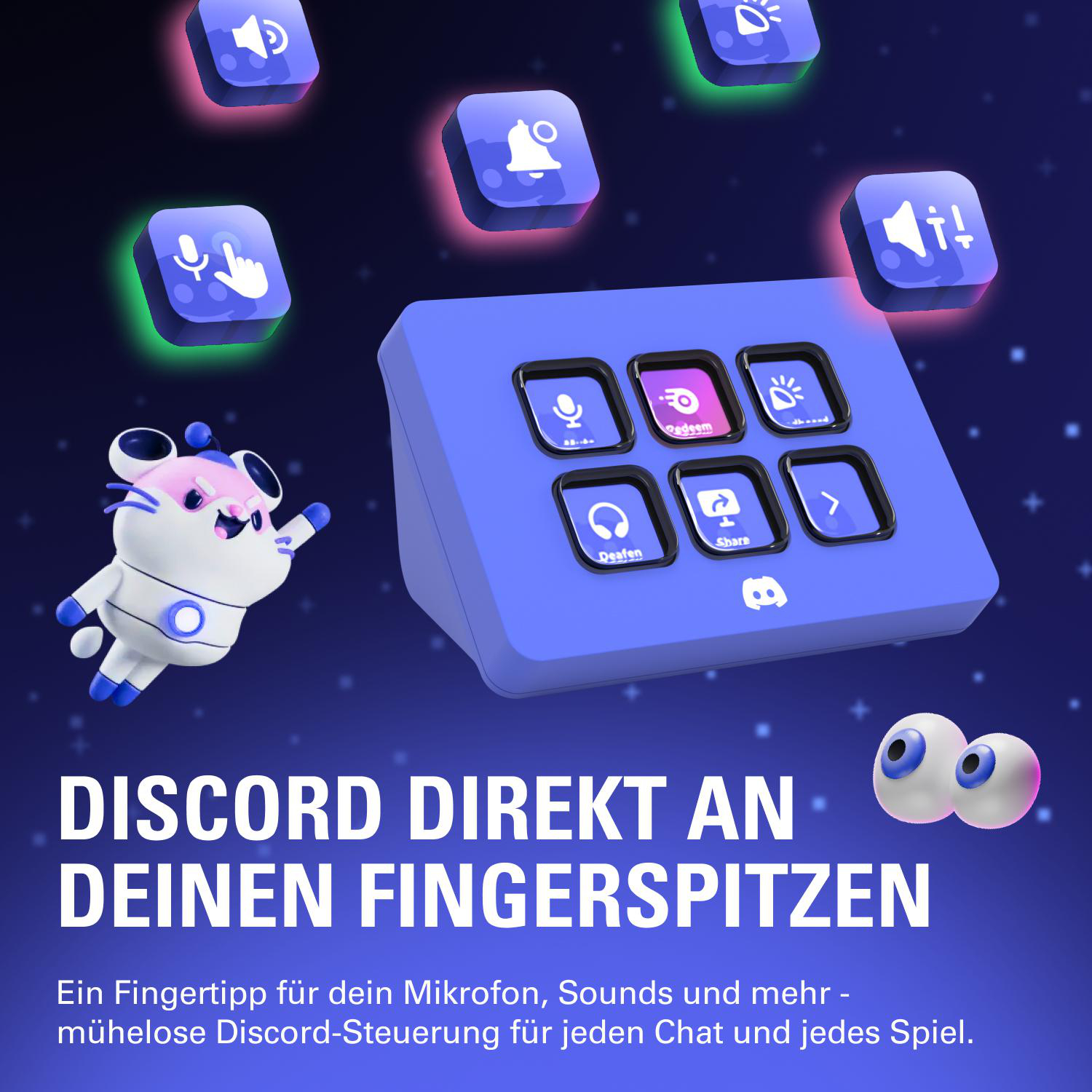 Blaues Bedienfeld mit Knöpfen. Links ist eine Cartoonfigur. Text lautet: „Discord direkt an Ihren Fingerspitzen“.