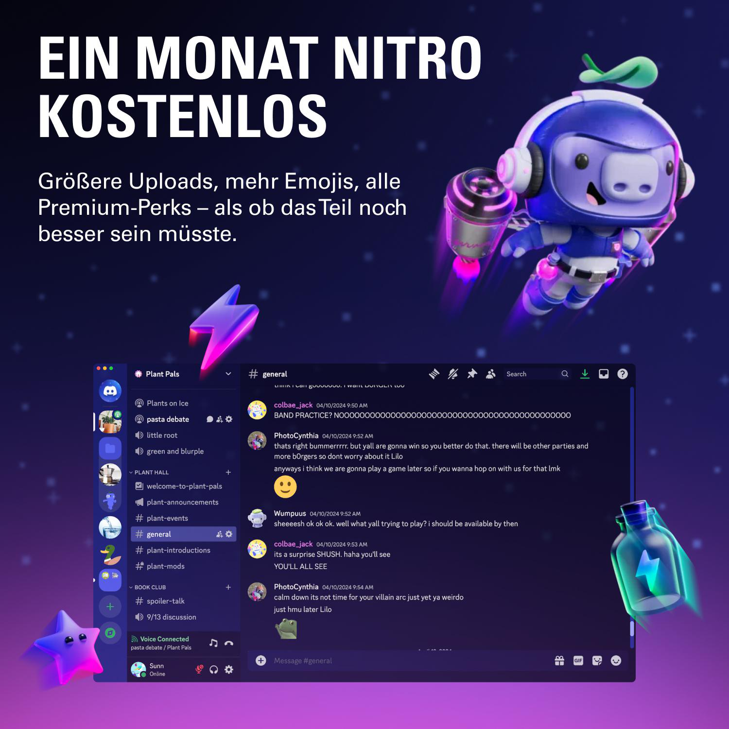 Eine Discord Nitro-Anzeige. Eine Zeichentrickfigur in einem Raumanzug schwebt in der Nähe einer Discord-Oberfläche.