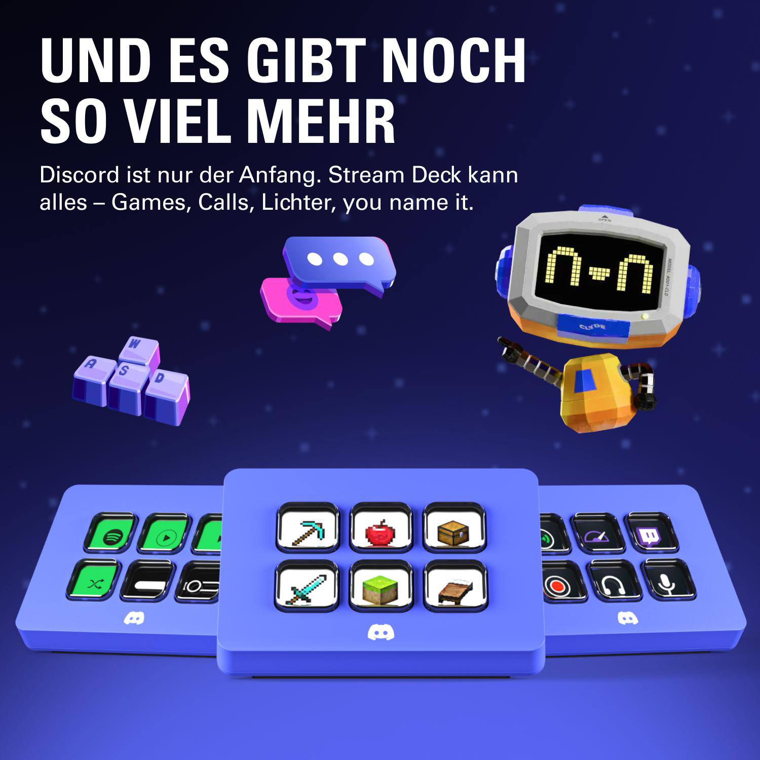 Das Bild zeigt blaue Stream Decks mit Symbolen, einen Roboter-Kopf und eine Tastatur. Text-Overlay sagt 'UND ES GIBT NOCH SO VIEL MEHR'.