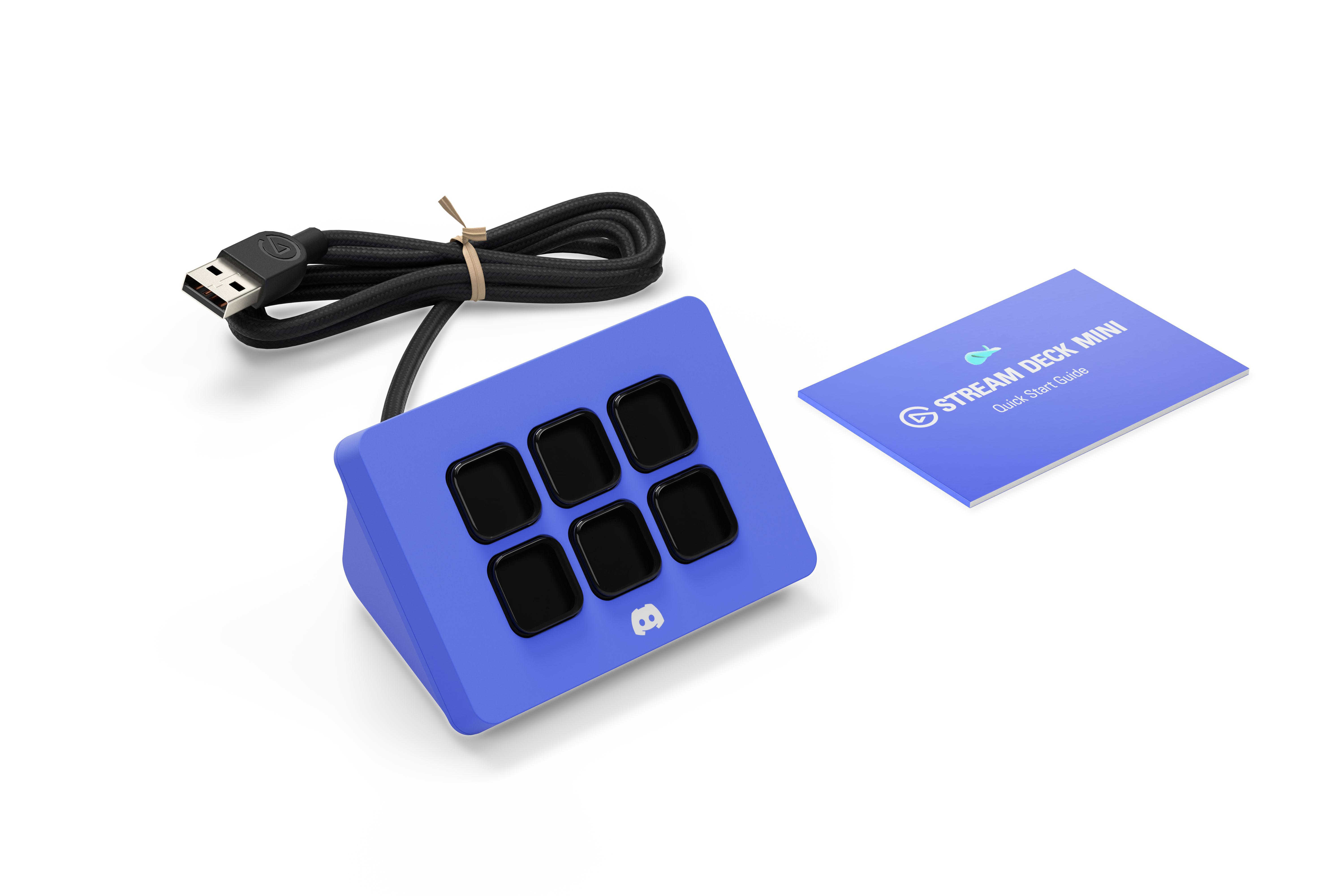 Ein blaues Stream Deck Mini mit sechs schwarzen Tasten, einem USB-Kabel und einer Kurzanleitung auf weißem Hintergrund.
