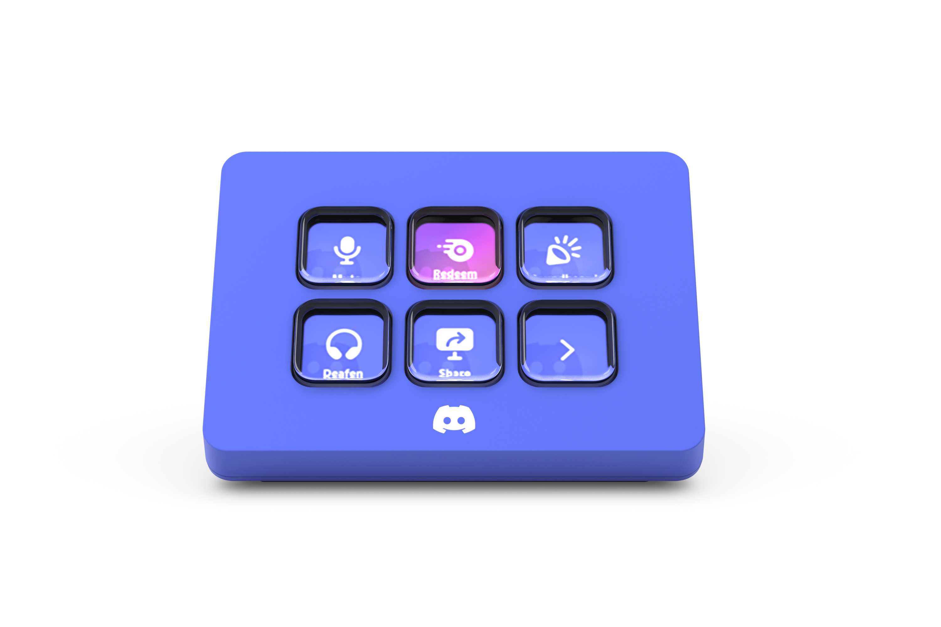 Blaues Stream Deck mit sechs Knöpfen, Icons: Mikrofon, einlösen, Licht, Kopfhörer, teilen und ein Pfeil. Discord-Logo unten.