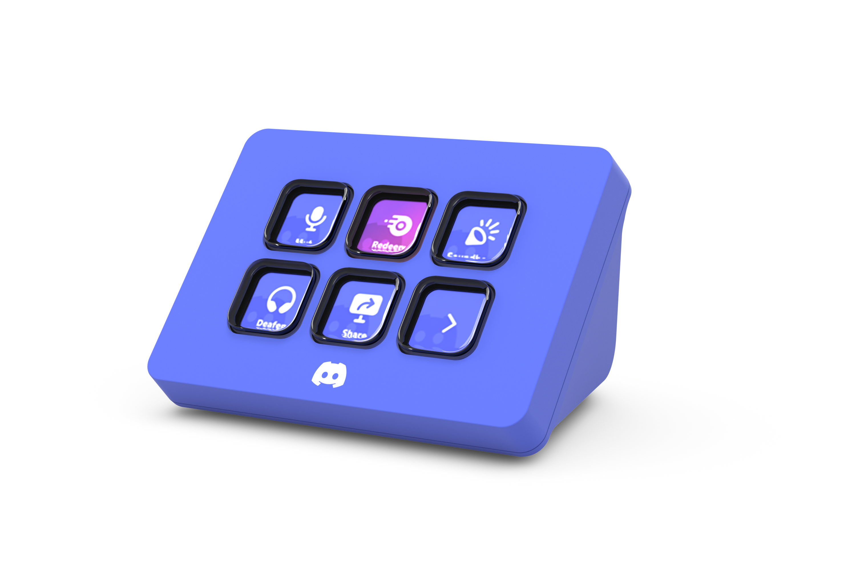Ein blaues Stream Deck mit sechs Knöpfen, die mit Symbolen beschriftet sind. Unten ist ein Discord-Logo.