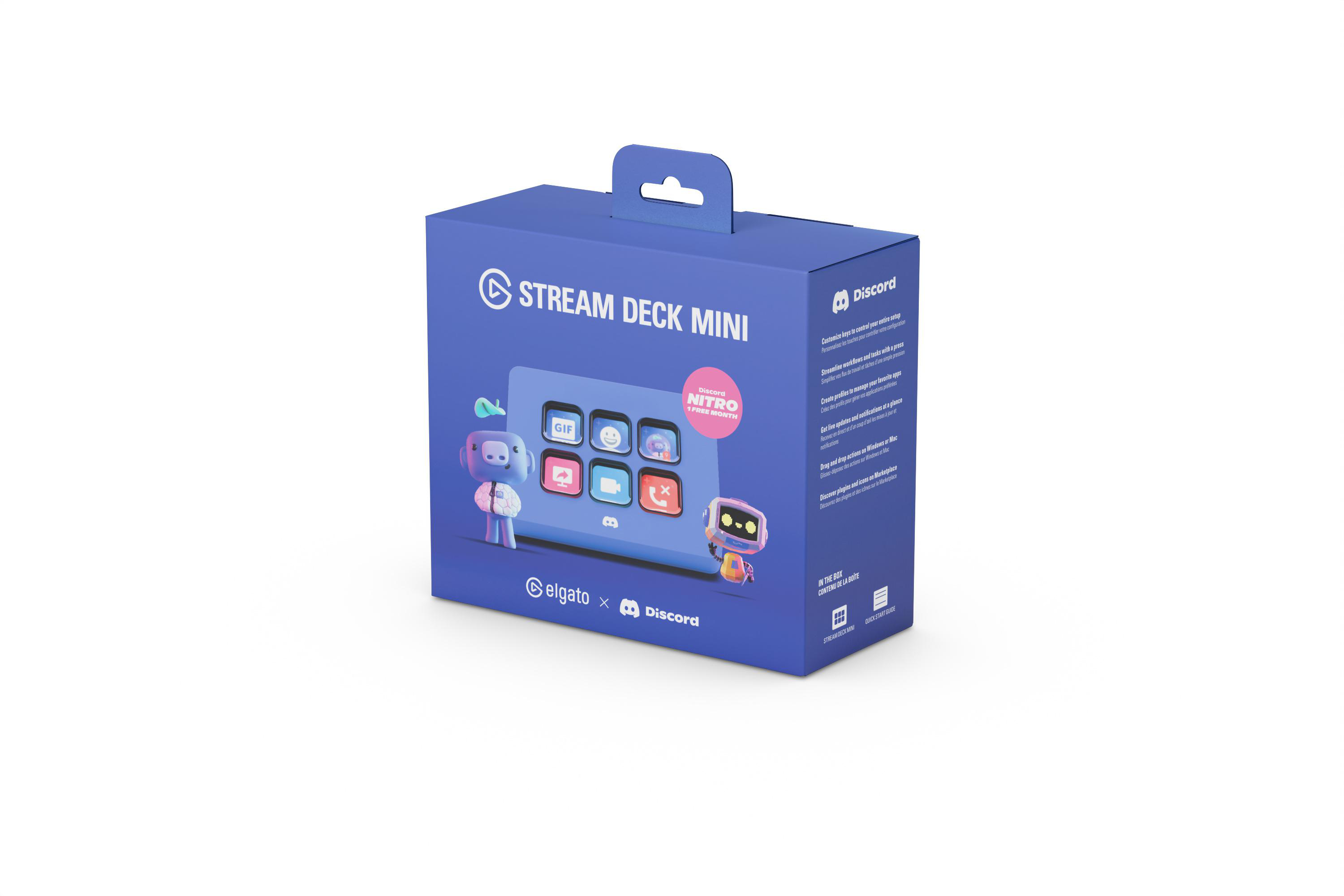 Schachtel des Stream Deck Mini. Es hat einen Bildschirm mit Symbolen. Elgato- und Discord-Logos sind sichtbar.
